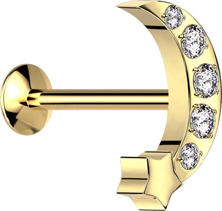Immagine prodotto Star Piercing Micro Threadless UFO Labret vergoldet Mond mit Stern vergoldet Kristalle silber (Acciaio chirurgico 316L)