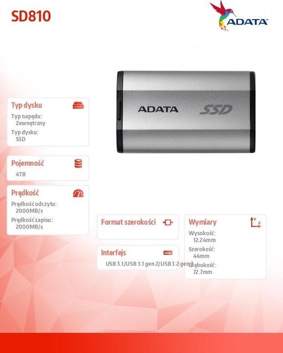Actual product image Adata Dysk SSD External SD810 USB3.2C /s Silver (4000 GB)