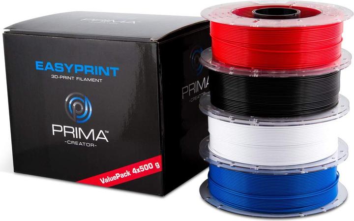 Produktbild Prima Creator EasyPrint PLA Value Pack Standard - 1.75mm - 4x 500 g Total 2 kg - White Black (PLA, 1.75 mm, 500 g, Blau, Rot, Schwarz, Weiss)