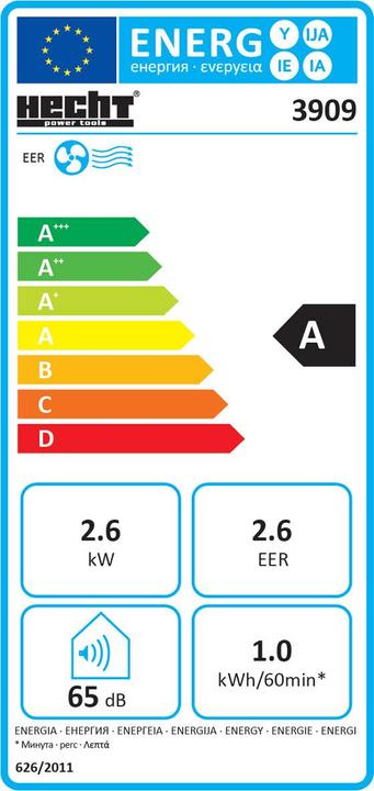 Label énergétique Hecht 3909 (45 m², 9000 BTU/h)