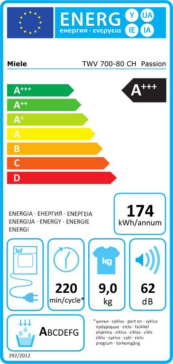 Etichetta energetica Miele TWV 700-80 CH Passion (9 kg, A sinistra, Spina CH)