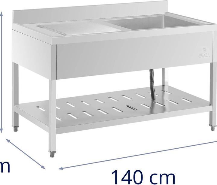 Actual product image Royal Catering Spültisch Spülbecken Edelstahlspüle Gastrospüle mit Regal 140 x 70 cm (Fitted sink with draining board, 25 cm, 70 cm)