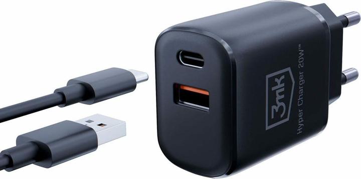 Immagine prodotto 3MK HyperCharger 20W 1xUSB-C + 1xUSB-A ładowarka sieciowa PD/QC czarna/nero (20 W)