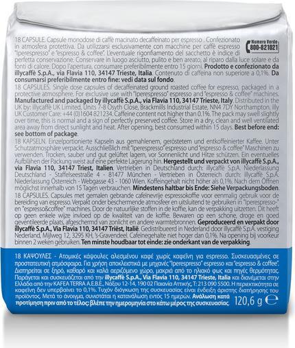 Nutritional values and ingredients Illy Decaffeinated (18 x Port.)
