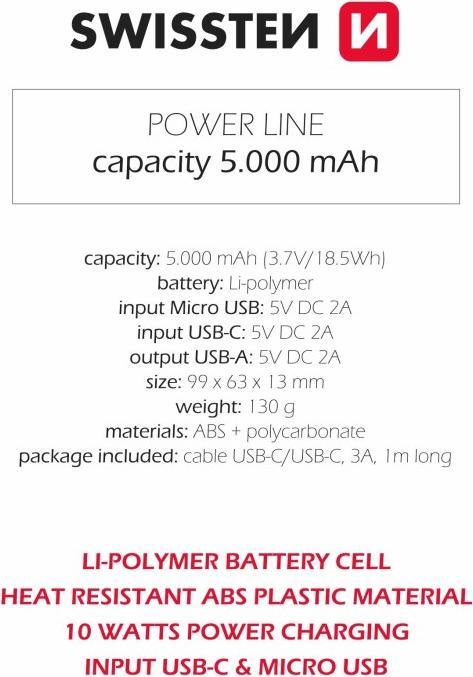 Productafbeelding Swissten KRACHTBANK 5000 mAh 10W (5000 mAh, 10 W, 18.50 Wh)