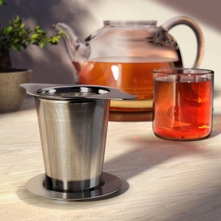 Actual product image Arendo Teesieb, Edelstahl, Doppelgriff & Multifunktionsdeckel, für Kannen & Tassen, Teefilter, Kräutersieb