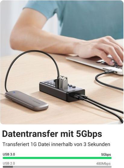 Productafbeelding Ugreen multifunctionele HUB 7in1 USB Type C - 7x USB Type A 3.0 PD DC 12V grijs (CM481) (USB-C, 8 Havens)