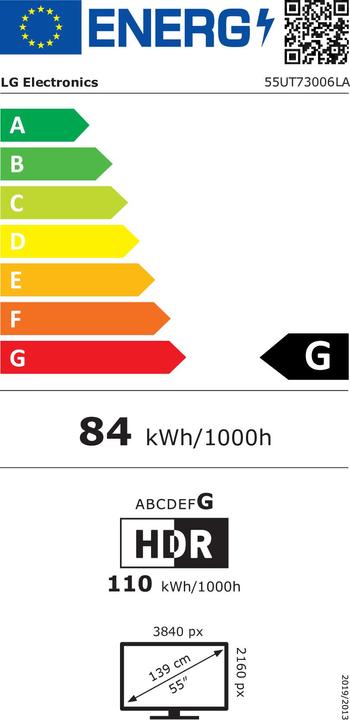 Energie-Label LG 55UT73006LA 4K UHD LCD-TV 139cm 55 Zoll EEK G (A - G) CI+, DVB-C, DVB-S2, DVB-T2, WL (55", UT73, LED, 4K, 2024)