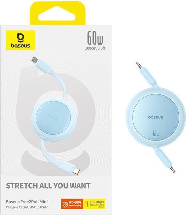 Actual product image Baseus Free2Pull Mini USB-C to USB-C 60W USB cable, 1m (blue) (1 m, 60 W)