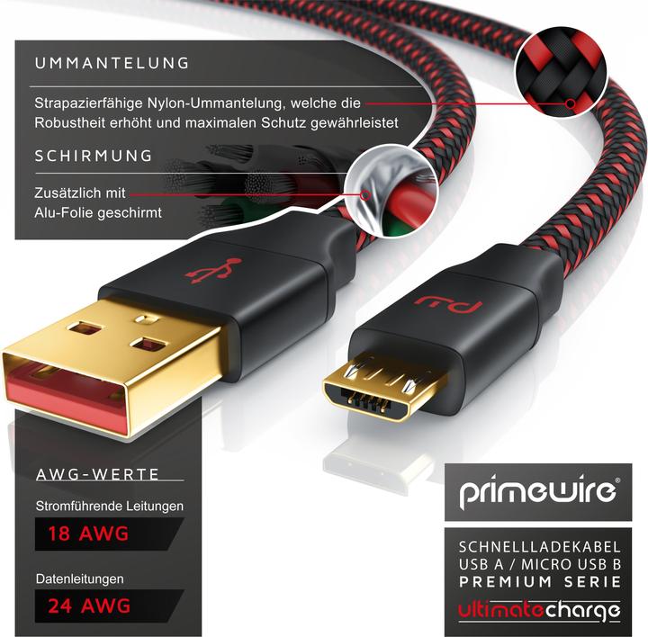 Actual product image Primewire Micro USB 2.0 to USB Type A Cable, UltimateCharge MicroUSB 2.0 Fast Charging Cable with Data (2 m, USB 2.0)