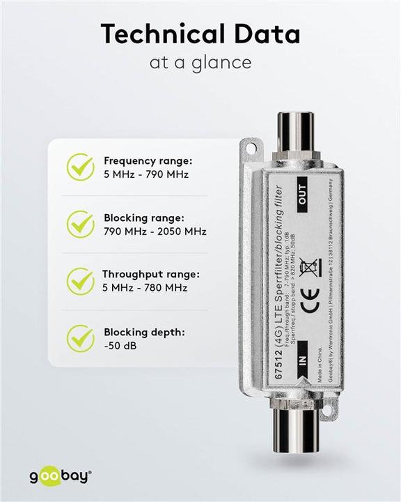 Image du produit Goobay Filtre de blocage LTE/4G coaxial mâle - coaxial femelle (Amplificateur)