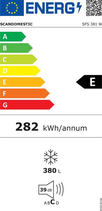 Etichetta energetica Scandomestic SFS 381 W Premium Collection - Congelatore XXL - A scomparsa - Larghezza: 71 cm - Profondità: 7 (Struttura autonoma, 380 l)