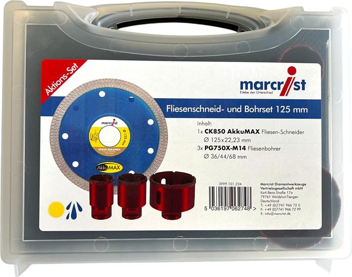 Marcrist Tile cutting and drilling set 125 mm + 1x cutting disc + 3x dry drill bits ( 3999.101.234 ) (36, 44, 68 mm)
