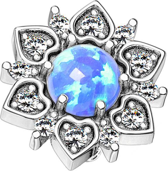 Star Piercing Dermal Anchor silber Herzblume mit Opal blau (Messing, Chirurgenstahl 316L)