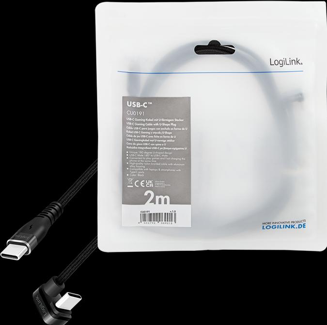 Immagine prodotto LogiLink Cavo USB 2.0 Type-C, da C/M 180° a USB-C/M, alluminio, nero, 2 m (2 m, USB 2.0, 60 W)