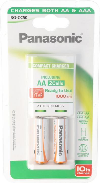 Panasonic Compact Charger BQ-CC50 (2 Stk., AA, 1000 mAh, Ladegerät inkl. Akku)