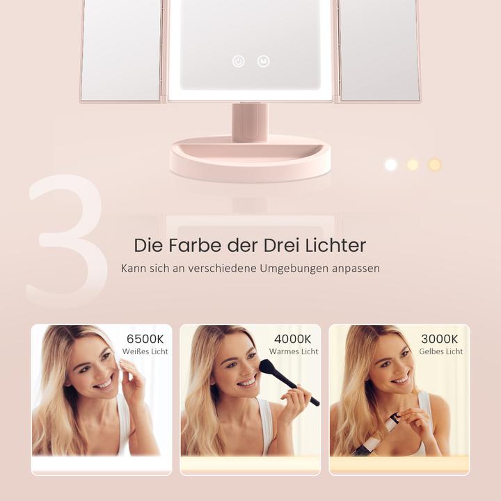 Produktbild Emke Beleuchteter Kosmetikspiegel, 1X+2X+5X Vergrößerung, 2000mAh USB wiederaufladbar, 3 Lichtfarben, Pin