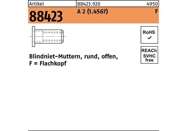 Produktbild Blindnietmutter R 88423 Flachkopf M 6 /0,25-3,5 A 2 (250 Stk.)