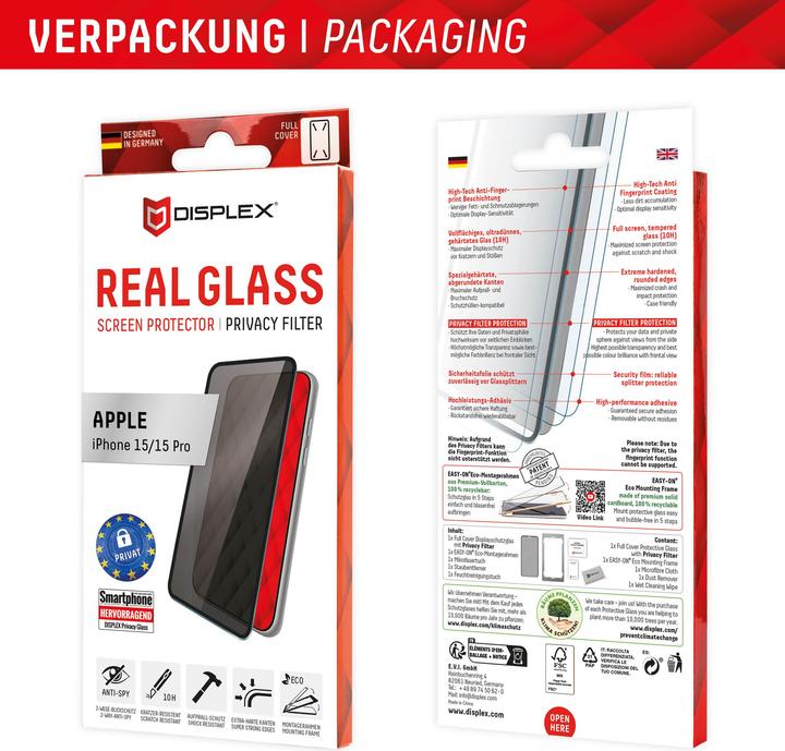 Produktbild Displex Real Glass, Privacy Full Cover Panzerglas (1 Stück, Apple iPhone 15 Pro, Apple iPhone 15)