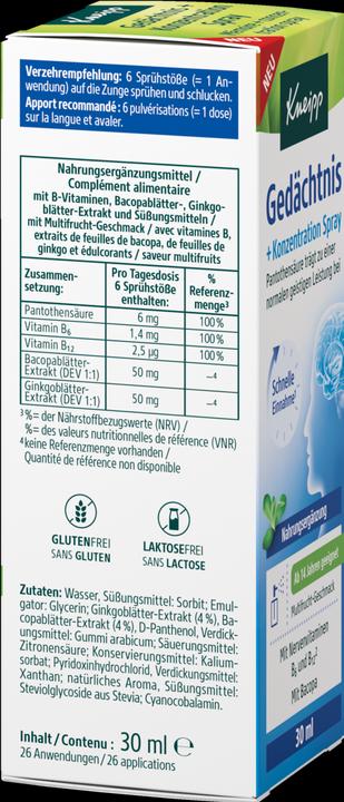Nutritional values and ingredients Kneipp Gedächtnis + Konzentration Spray (1 Piece, Spray)