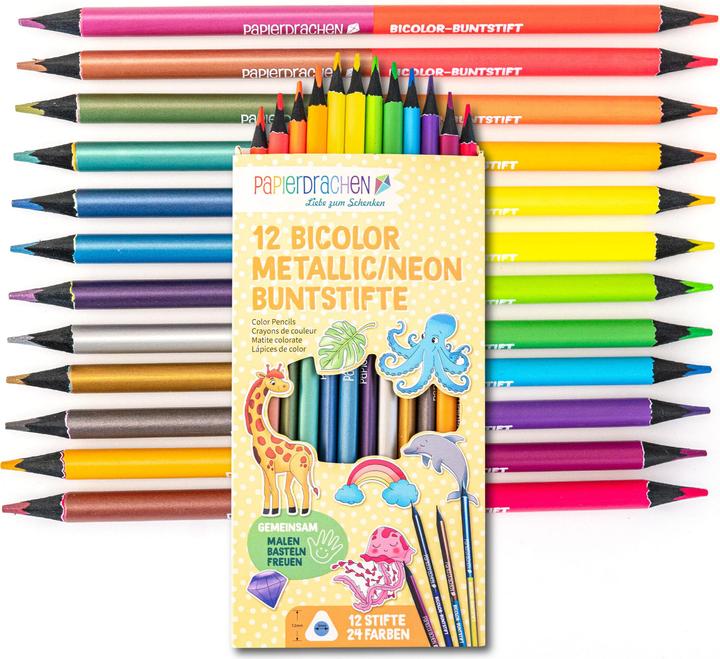 Papierdrachen 12 Bicolor Buntstifte Metallik und Neon (Neonfarben & Metallicfarben, 12 x)
