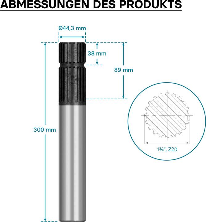 Produktbild Wiltec Zapfwellen Keilwelle E1 300mm Vielkeilwelle für PTO-Shaft mit 1 3/4" Z20 Traktor (Rasentraktor, Traktorzubehör)