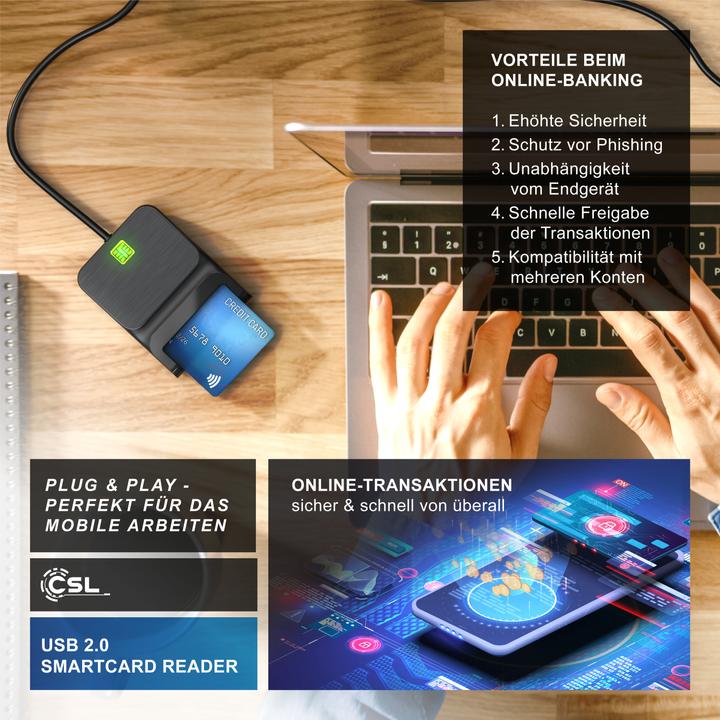 Produktbild CSL USB Chipkartenleser, SmartCard/SIM Reader, Plug&Play, kompatibel mit Mac OS X & Windows 7-11 (USB)