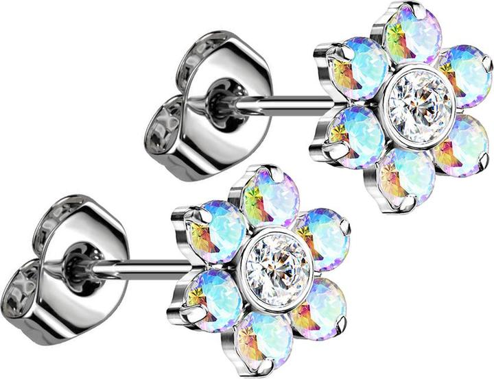 Star Piercing Threadless Ohrstecker silber Blume Kristalle multicolor (Titan G23, ohne Messing)