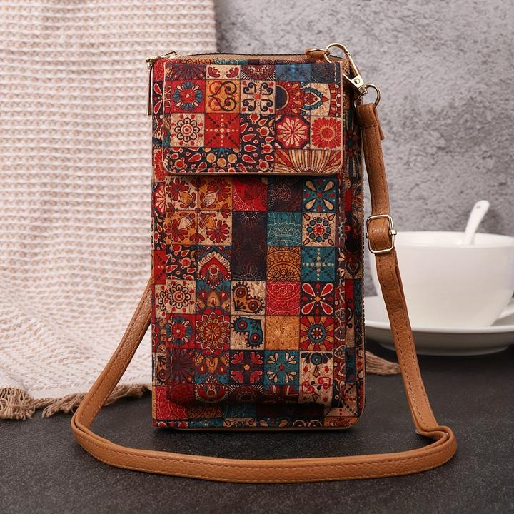 Actual product image Only-Bags.Store Bohemian Floral Pattern Wallet, Retro Vegan Leather Coin Purse, Crossbody Mobile Phone Bag