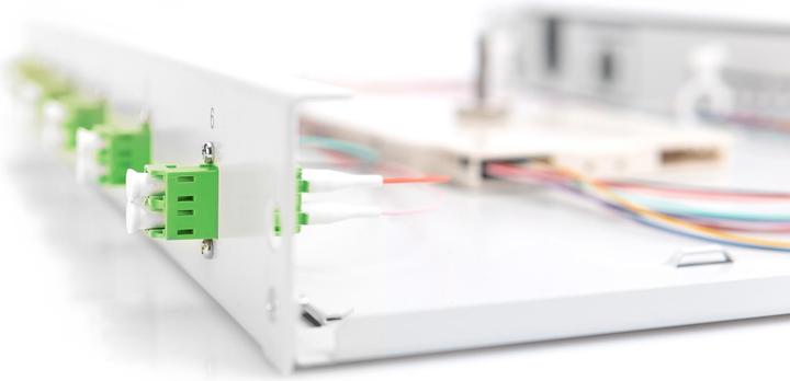 Actual product image Digitus FO splice box, 1U, equipped, 6x LC DX, OS2, APC incl. splice cassette, coloured pigtails, couplings