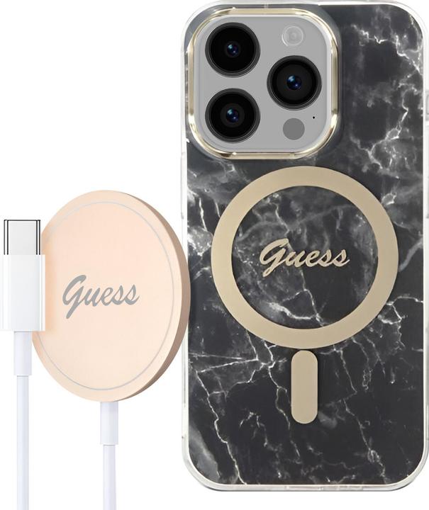 Image du produit Guess Zestaw GUBPP14LHMEACSK Étui+chargeur iPhone 14 Pro 6,1" czarny/black hard case Marble MagSafe (Apple iPhone 14 Pro)