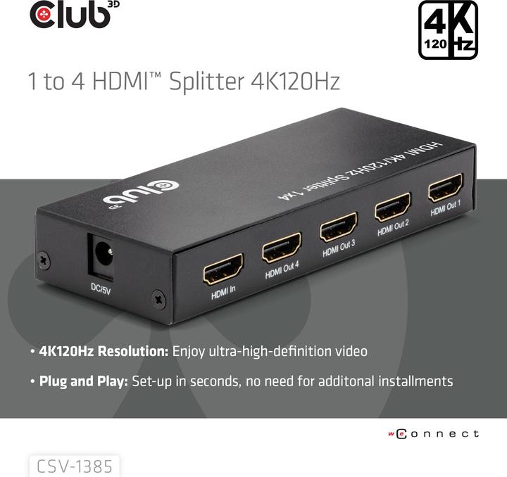 Produktbild Club 3D Club3D HDMI Splitter 1 Eingang -> 4 Ausgänge 4K120Hz UHD retail