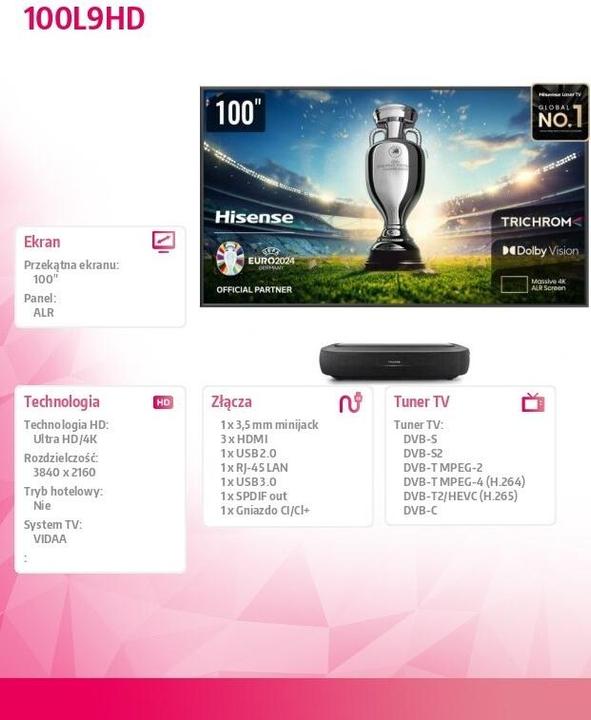 Produktbild Hisense 100L9HD inkl. 100" ALR Daylight Leinwand (4K, 3000 lm, 0.25:1)