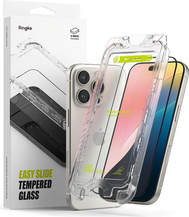 Actual product image Ringke Screen Protector for iPhone 16 Pro Max EASY SLIDE TEMPERED GLASS 2 pack, w installation Jig (2 Piece, Apple iPhone 16 Pro Max)