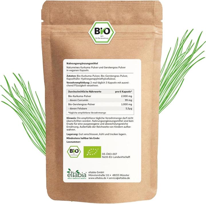 Actual product image Eltabia Organic turmeric barley grass capsules | 100% pure without additives (200 Piece, Capsules, 100 g)
