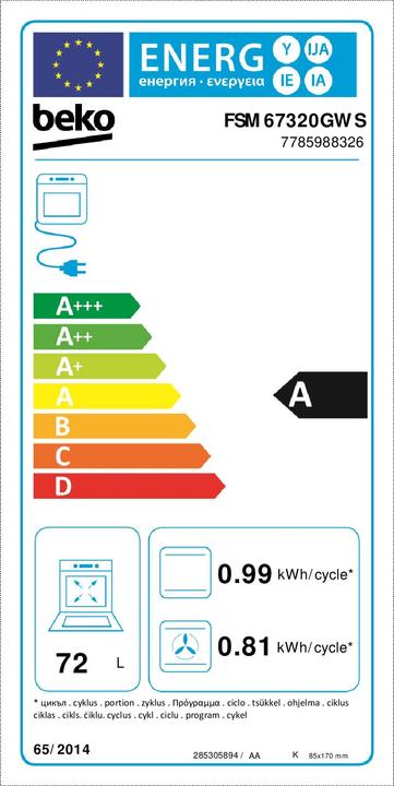 Etichetta energetica Beko FSM 67320 GWS ws Fornello a libera installazione 60cm Ceran A 8 modalità di riscaldamento Orologio