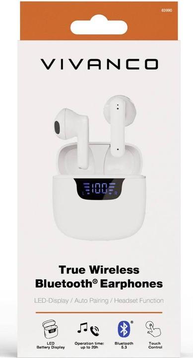Produktbild Vivanco TWS Bluetooth Kopfhoerer mit LED-Display Case, weiss (180 h, Kabellos)