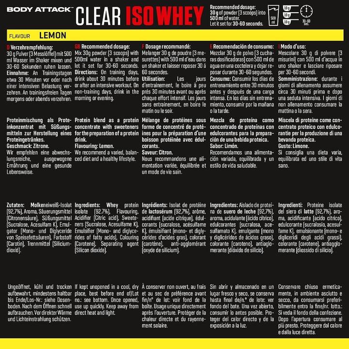 Nutritional values and ingredients Body Attack Clear Iso Whey (900G can) (Lemon, 1 pcs., 900 g)
