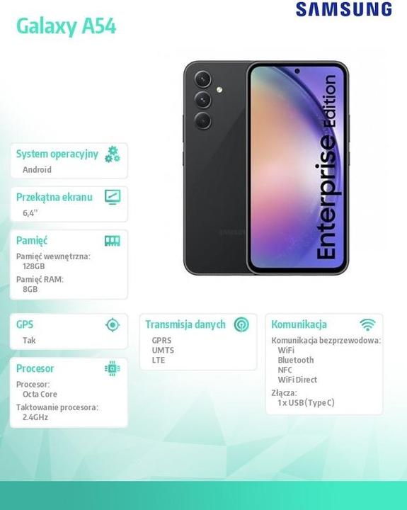 Image du produit Samsung Galaxy A54 Édition Entreprise (128 Go, Awesome Graphite, 6.40", Double SIM hybride, 50 Mpx, 5G)