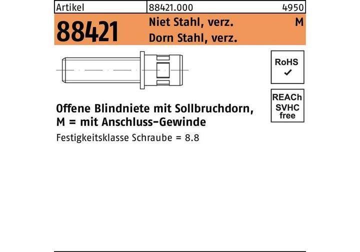 Produktbild Blindnietschraube R 88421 m.Gewinde M 6 x 13/ 9 x 15,5 Niet Stahl verzinkt/Dorn Stahl verzinkt