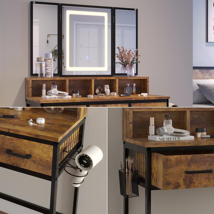 Produktbild Vichy Schminktisch Fyrk, Eiche rustikal, 90 cm mit Hocker und LED-Spiegel (90 x 40 x 137.5 cm)