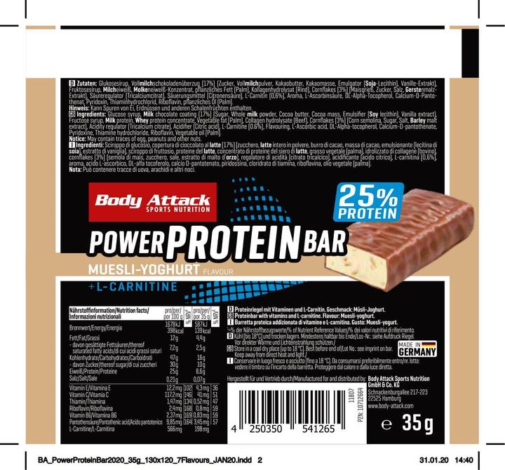 Produktbild Body Attack Power Protein Bar (24x35g Riegel) (Vanille, Stracciatella, 24 Stk., 840 g)