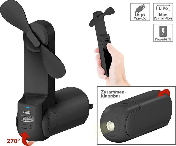 Produktbild Pearl 3in1-Mini-Ventilator mit Powerbank & Taschenlampe