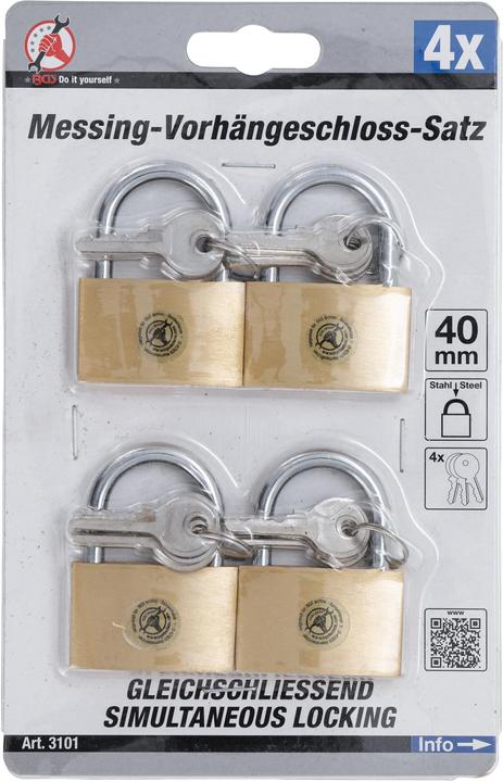 Productafbeelding BGS Messing hangslot set | gelijksluitend | 40 mm | 4 stuks.