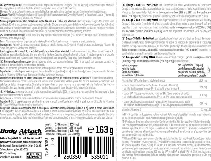 Nährwerte und Zutaten Body Attack Omega 3 Gold (120 Stück, Kapseln, 160 g)