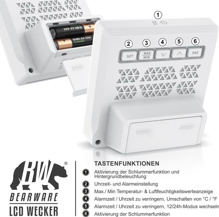 Produktbild Bearware Wecker digital für zuhause & unterwegs, Licht, Temperatur Luftfeuchtigkeit, Datum, Schlummerfunktion