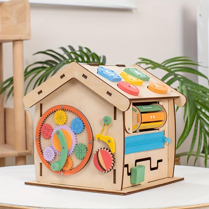 Actual product image Activity Board Busy House, early education for home enlightenment, Busy House made of wood, 14-in-1 learning toy