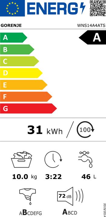 Etichetta energetica Gorenje WNS14A4ATS Waschmaschine Frontlader 60 cm (10 kg, A sinistra, Spina UE)