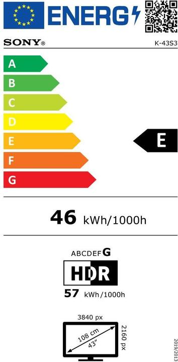 Etichetta energetica Sony K-43S3 (43", Bravia 3, LCD, 4K, 2025)