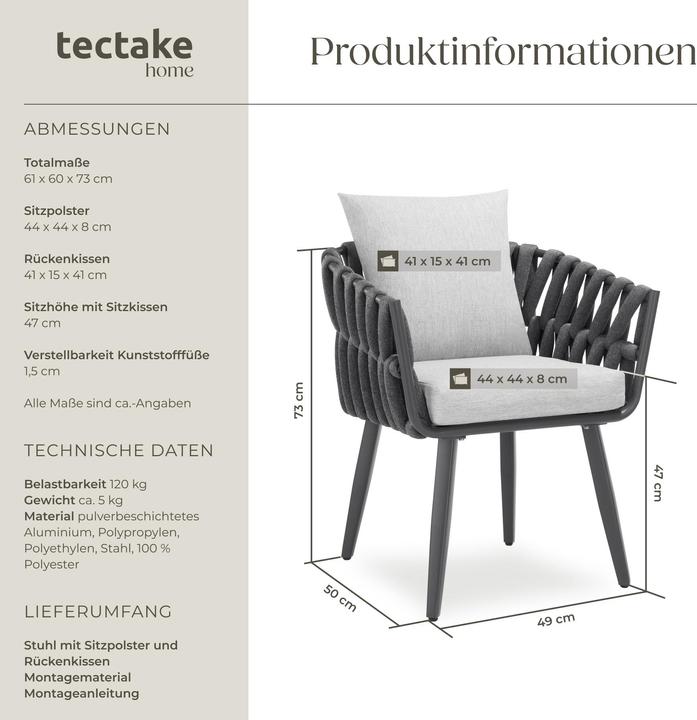 Produktbild tectake Stuhl Lugano im Rope-Design mit Aluminiumgestell